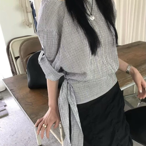 Hand made-26年夏上新斜肩格纹百搭绑带小衫Z5718