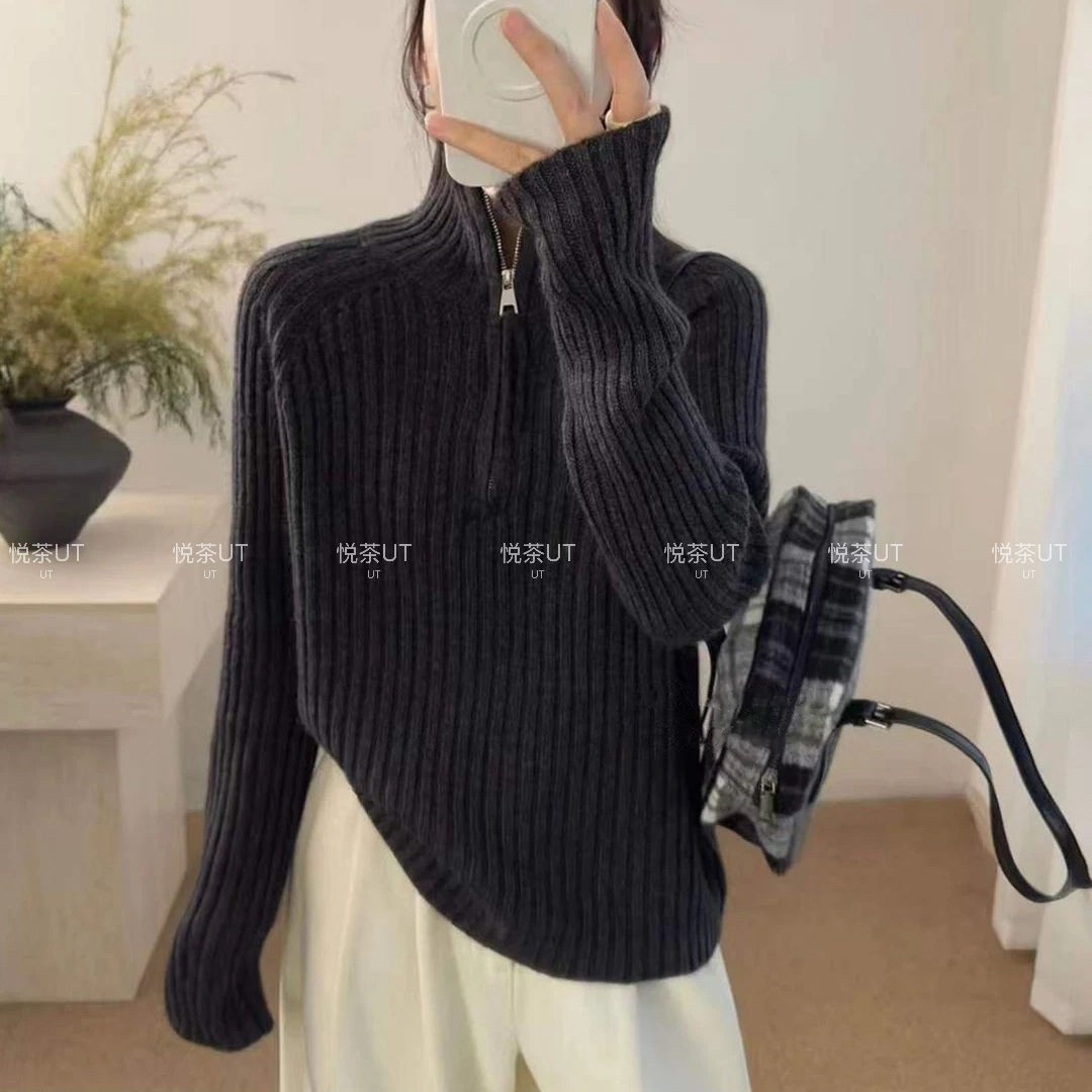 茶UniqueTea-熊绒半拉链韩系宽松保暖毛衣（含29.3绵羊毛）mk537