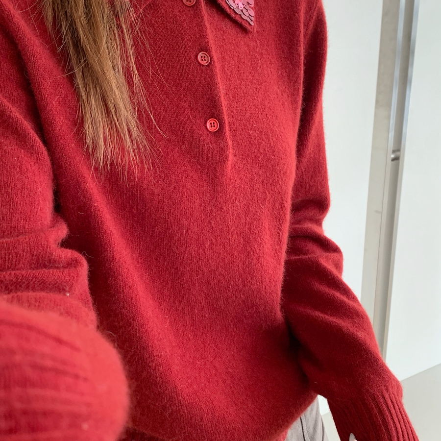 后 F H-蜜熊绒亮片小翻领气质显瘦保暖毛衣（含34.2绵羊毛）8515