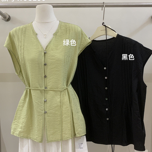 配腰绳 夏上新绿黑双色上衣简约设计小衫 W0C290 NICE叶好看 LEAF
