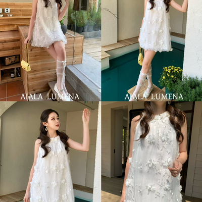 AIALA LUMENA-女夏立体花朵网纱亮片海边度假仙女裙连衣裙L20196