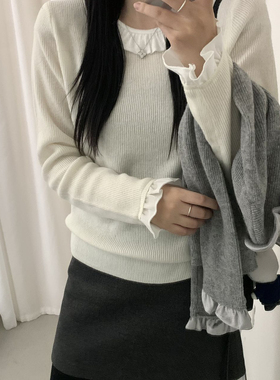 可-木耳边拼接圆领设计洋气百搭纯色打底衫（含100绵羊毛）98221