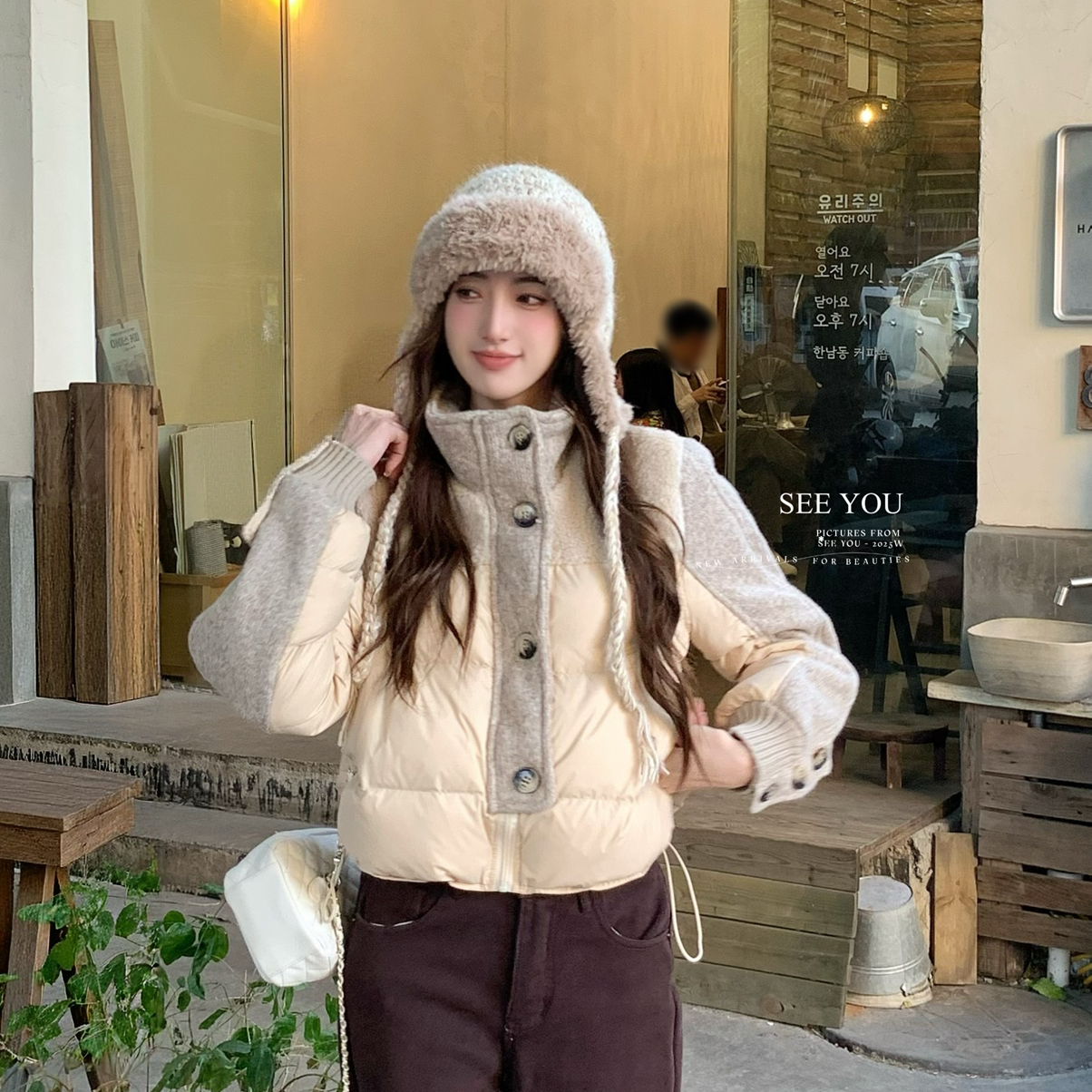 SEE YOU-韩系针织拼接立领短款加厚保暖面包服保暖羽绒服外套Y028