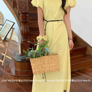 配腰绳 LEAF 裙气质连衣裙 夏上新三色V领泡泡袖 W0C90 NICE叶好看
