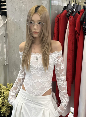 小辣椒-26年春款纯欲辣妹一字肩蕾丝小衫(无配件)m28495