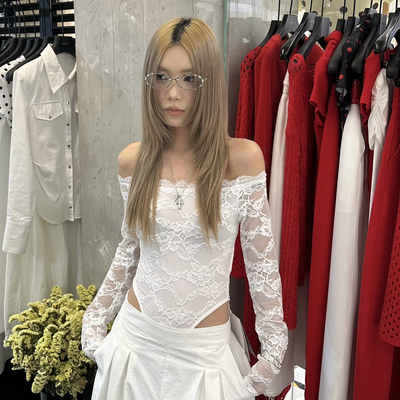 小辣椒-26年春款纯欲辣妹一字肩蕾丝小衫(无配件)m28495