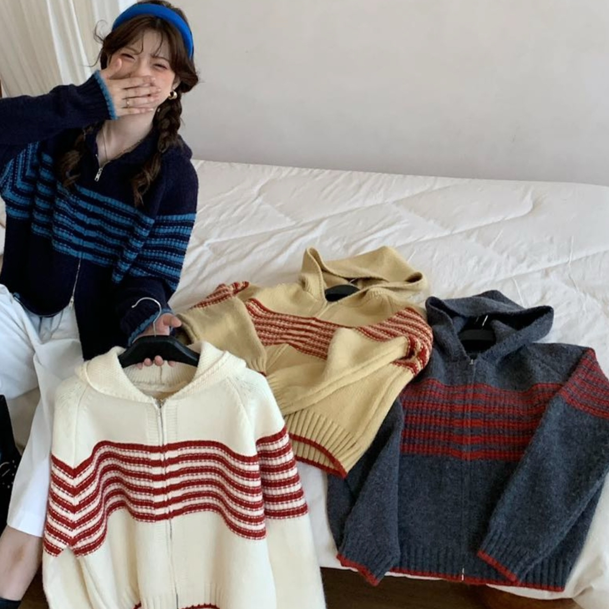 HEY BELLA-韩系超级慵懒随性百搭条纹连帽宽松休闲针织开衫A1513