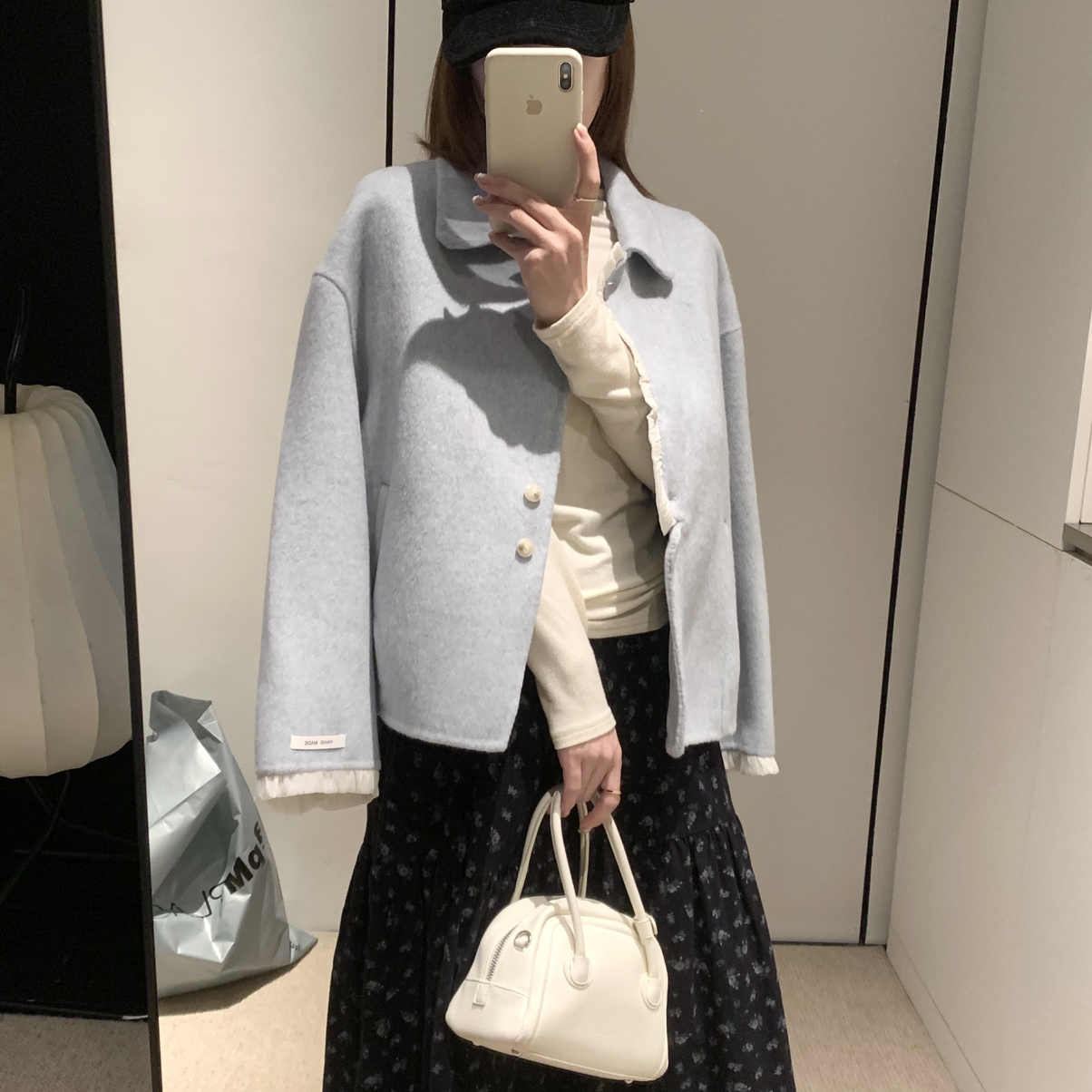 铁翻领欧根纱拼接显瘦短款不挑人羊毛外套(含100澳毛)C369218C