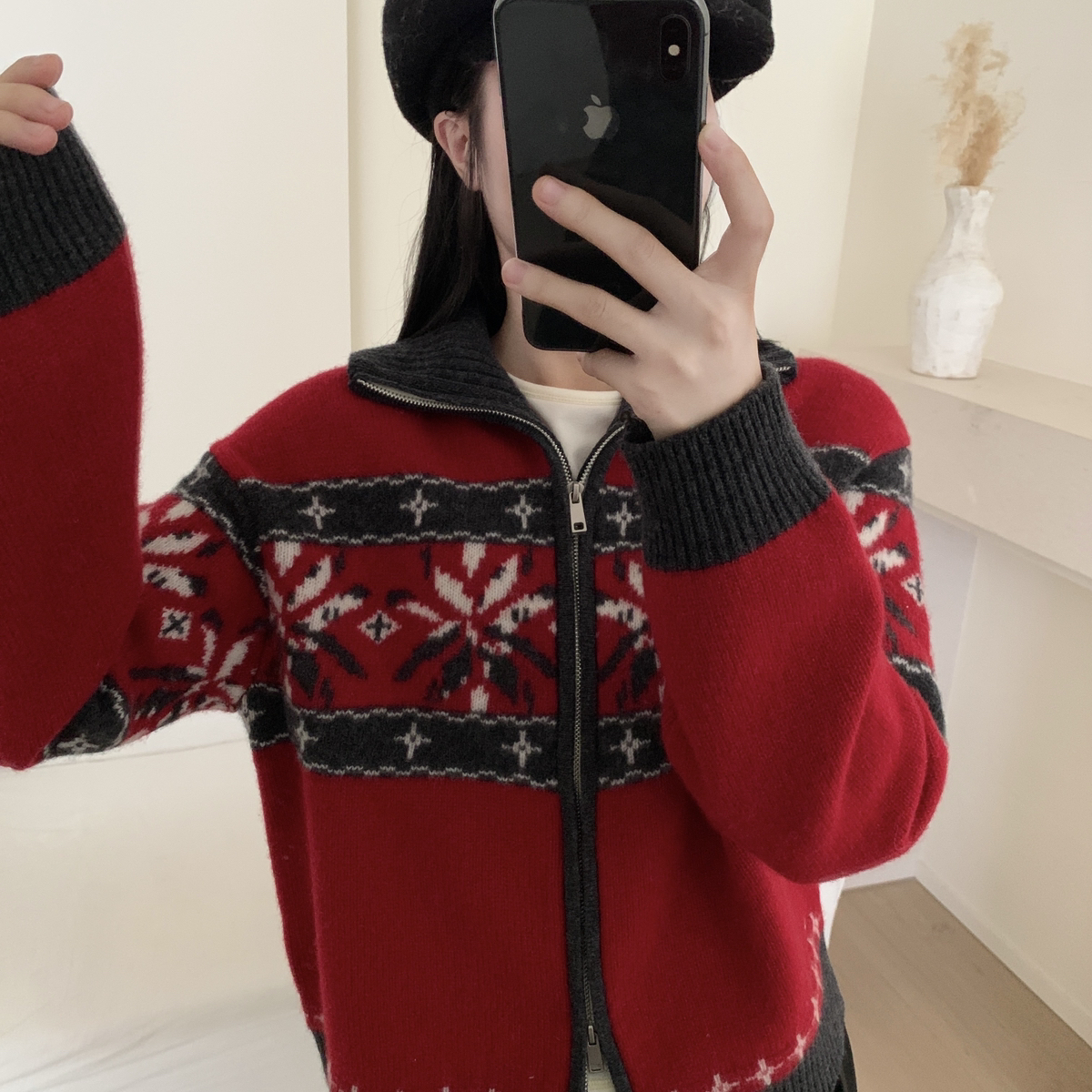 UUTIS牧缇-系简约印花花朵费尔岛拉链针织开衫（含100羊毛）FE516