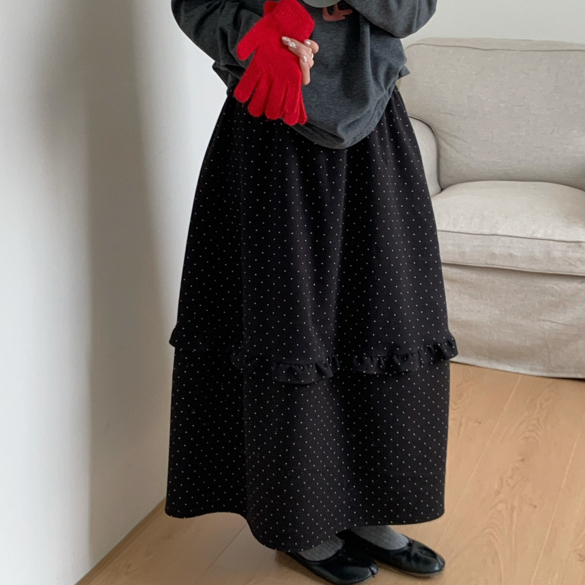 Flower & April-气质松紧腰A字木耳边波点呢料女中长半身裙160595