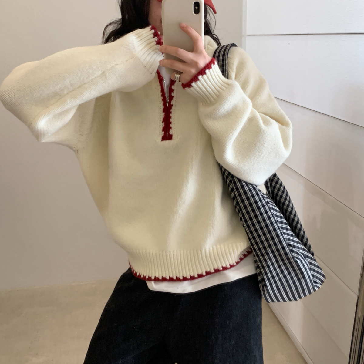 Find Time-帽衫好韩系～韩系休闲撞色边连帽半拉链保暖毛衣L61151