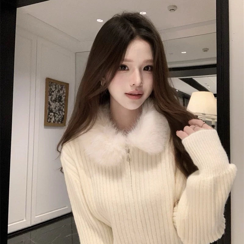 Q-u～大爱一款韩系大毛领双拉链百搭保暖毛衣(毛领不可拆卸)3385Q