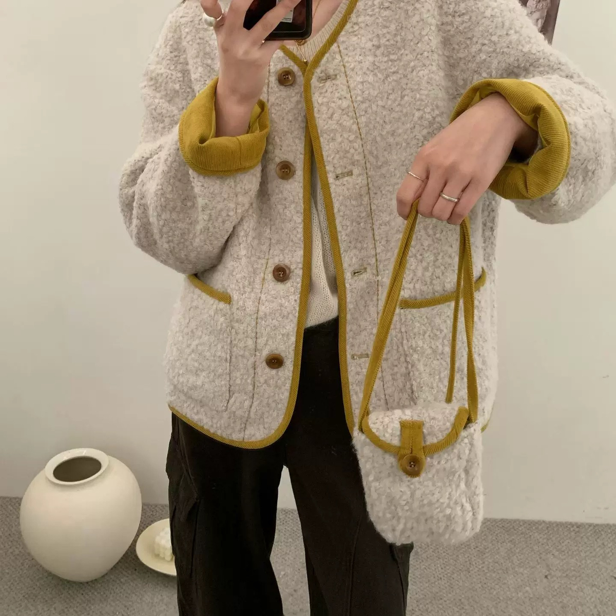 伴-显瘦小个子高级感复古撞色羊毛外套(配包包)(含50羊毛)836y