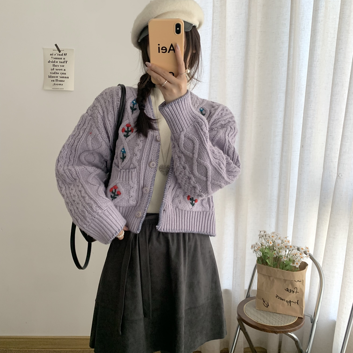 ti-Fo-上新羊毛手工绣花开衫短款保暖毛衣（含17.3绵羊毛）M55939