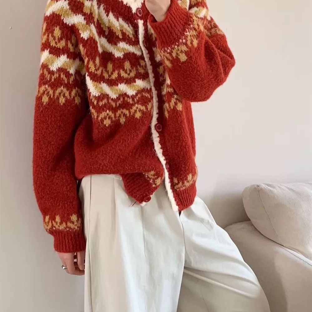 ZEPE/AT SEASON-圣诞氛围感复古费尔岛波普花纹开衫保暖毛衣3561