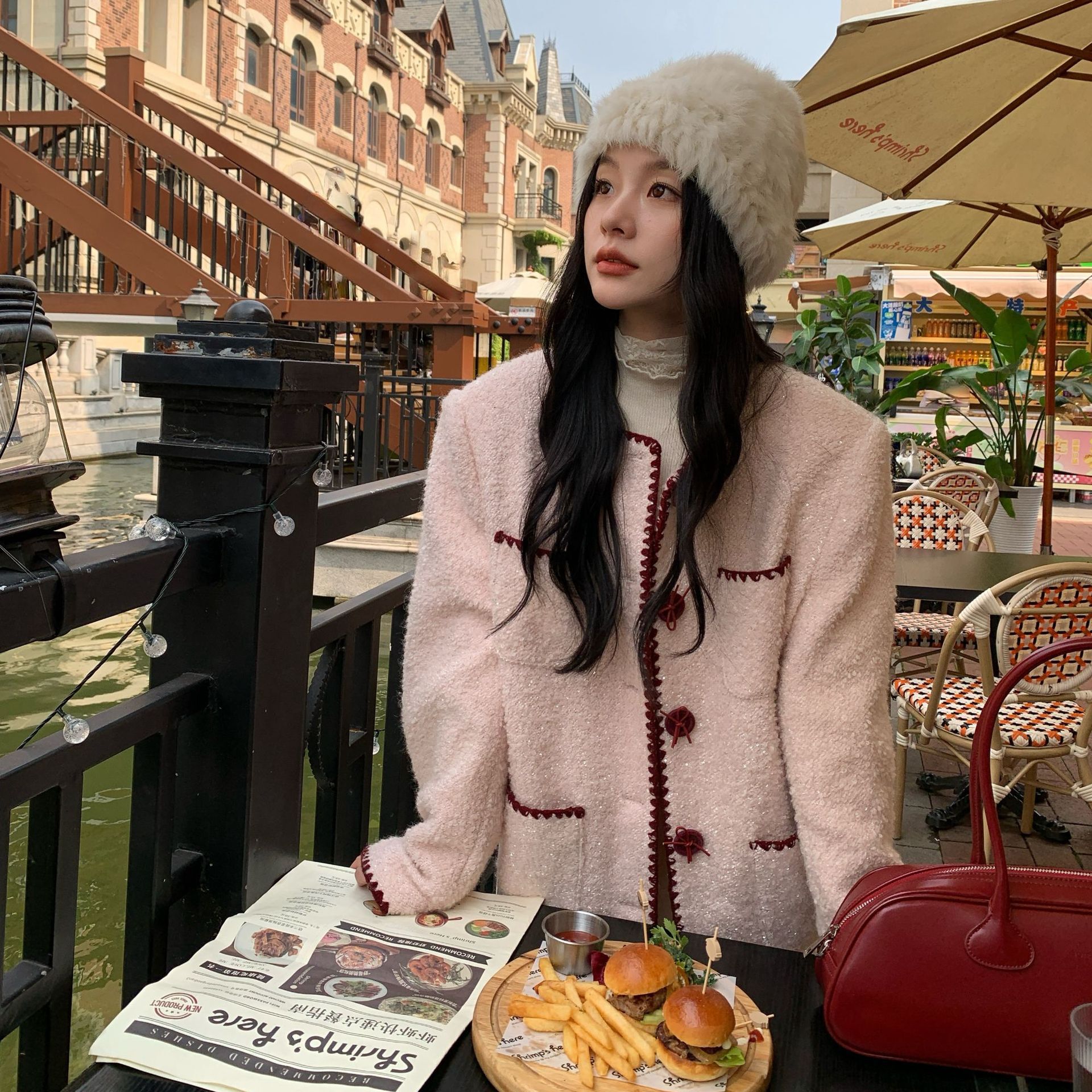 NEW OPEN-5冬名媛小香风宽松长袖贴袋羊毛呢子外套女大衣H25W7501