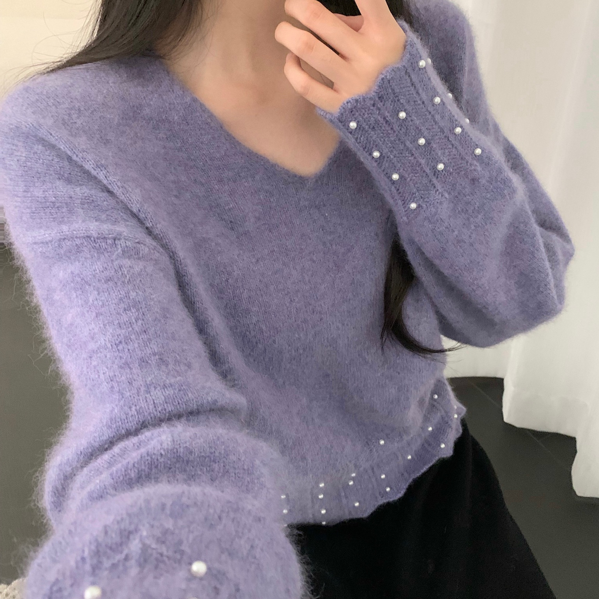 HEEP.-高配浣熊v领下摆珍珠套头保暖毛衣（含37.6浣熊毛）3381863