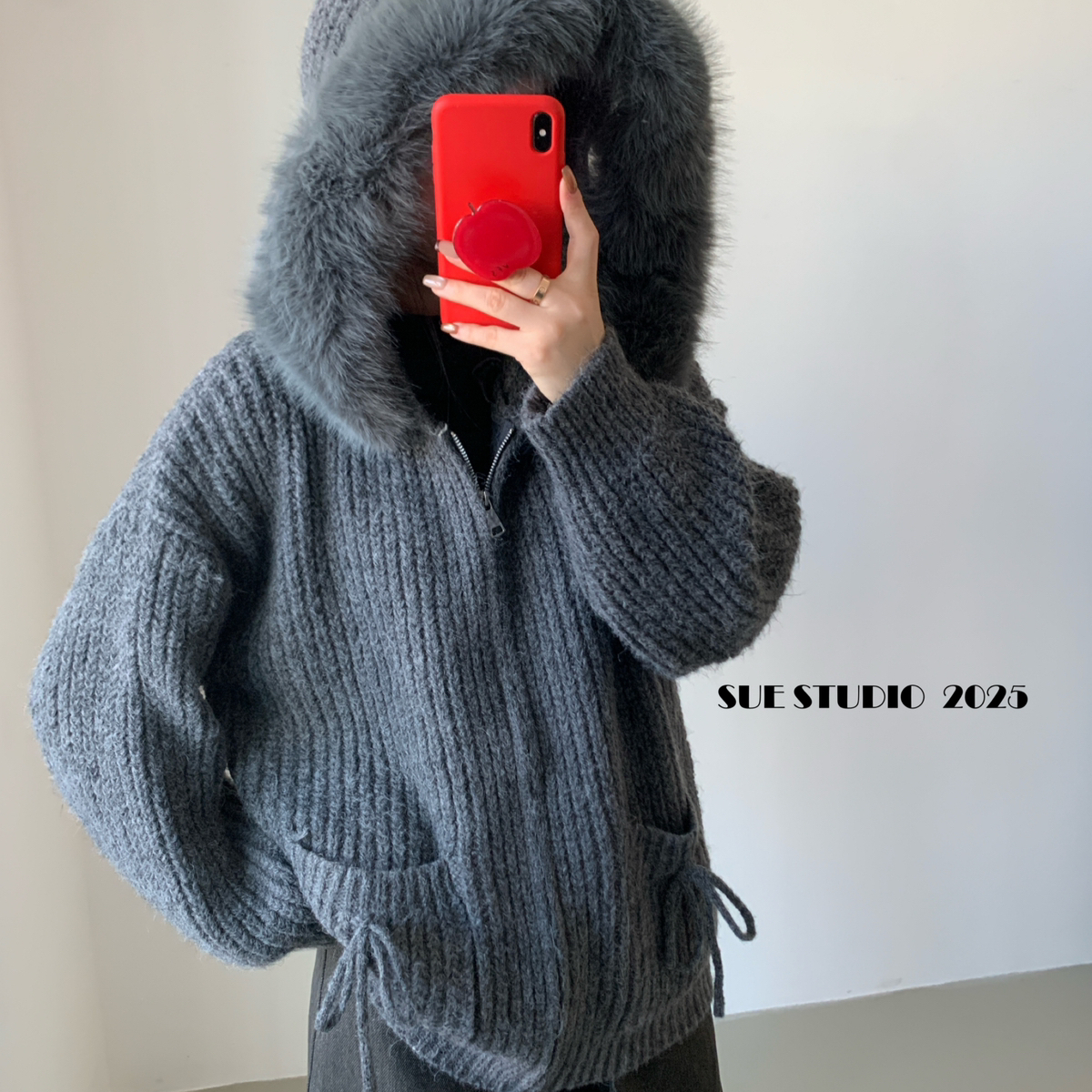 SUE STUDIO-韩系加厚大毛领粗线拉链保暖毛衣(配可拆卸毛领)37368
