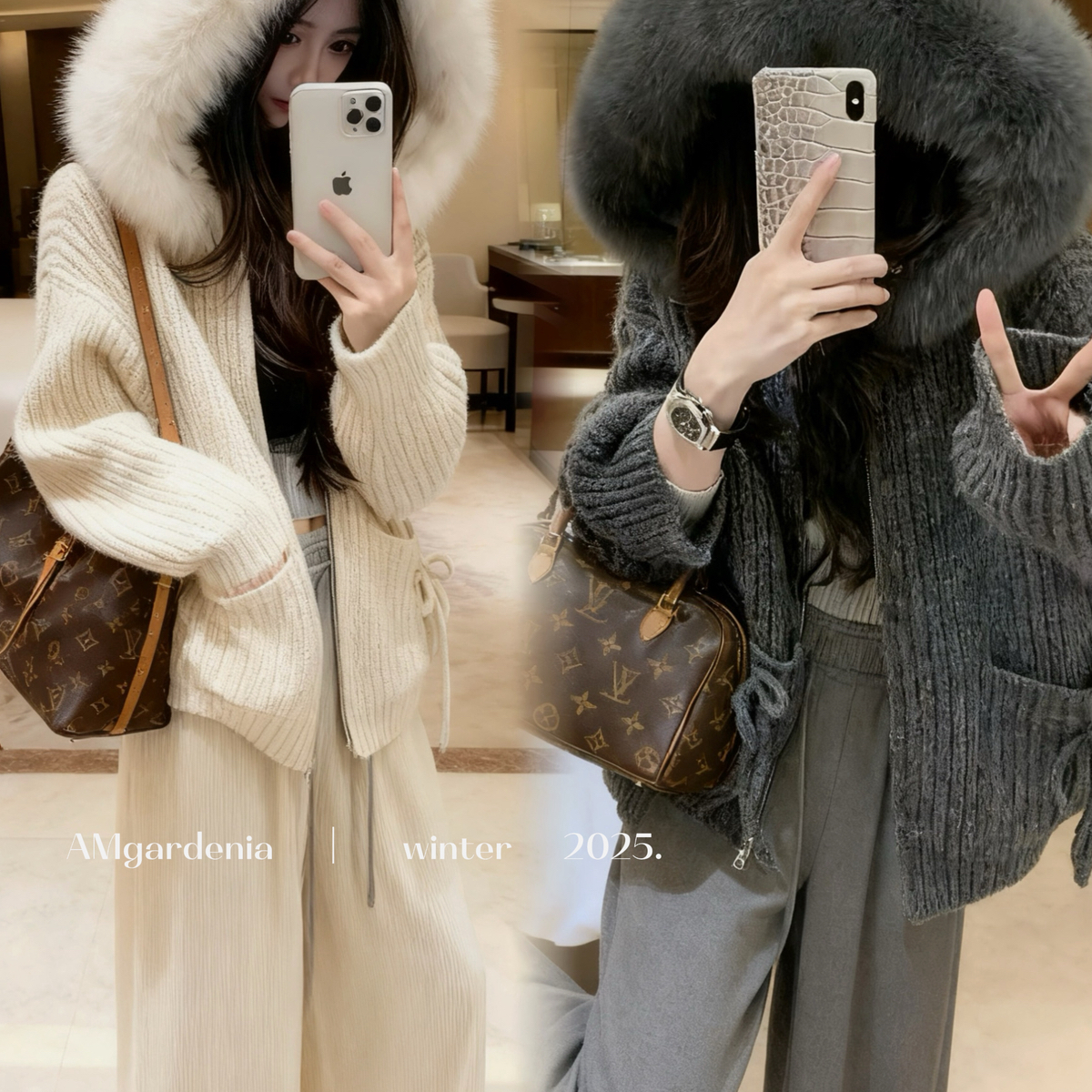 AM GARDENIA-针织开衫毛边细节针织开衫(配真狐狸毛领)A92022开衫