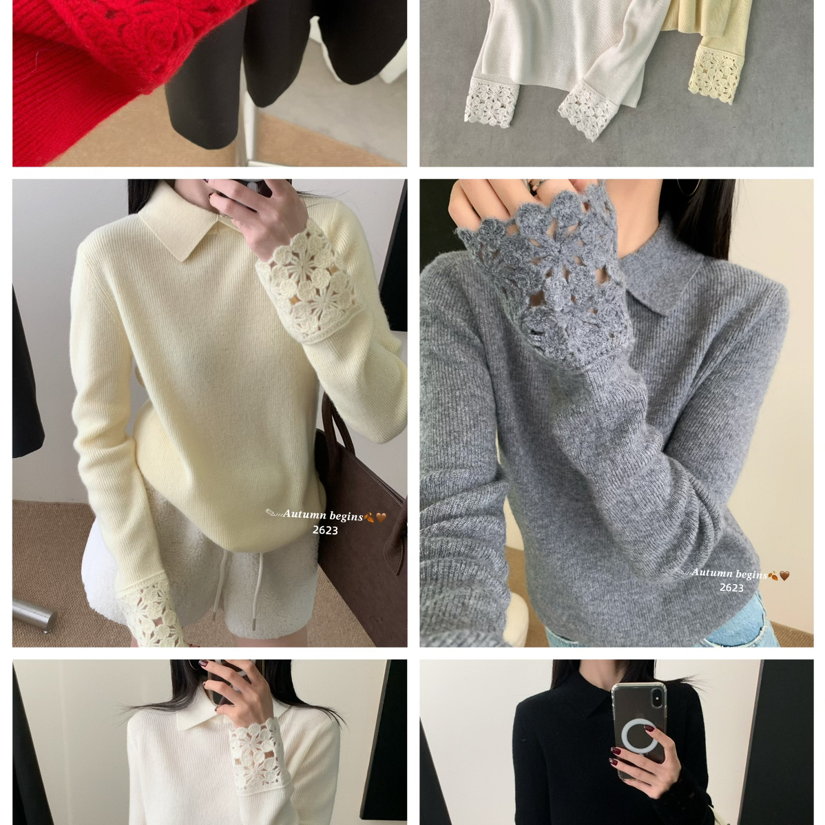 UGAR-级感洋气翻领袖口钩花设计百搭保暖毛衣（含100绵羊毛）2623
