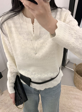 可可-松弛配方韩系剪刀领锯齿标立体提花纯色套头长袖针织衫65297