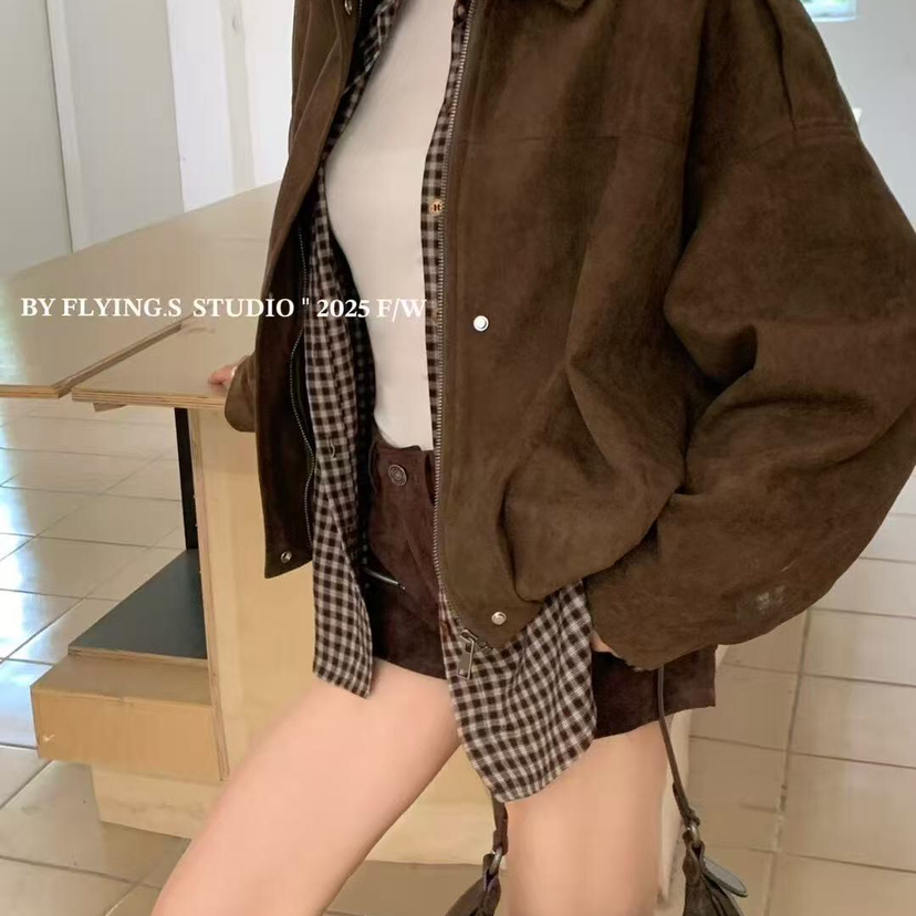 FLYINGS早秋上新复古风麂皮绒翻领宽松长袖短外套YY9835