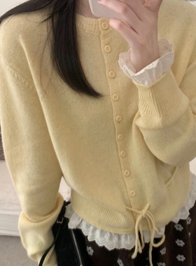 MORROW-皮清纯蕾丝蛋糕边系带收腰保暖毛衣（含74.3绵羊毛）YH653