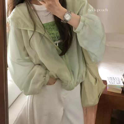 Seek peach.&Haag-版休闲简约宽松里衬带透气网孔防晒衫SL10195#