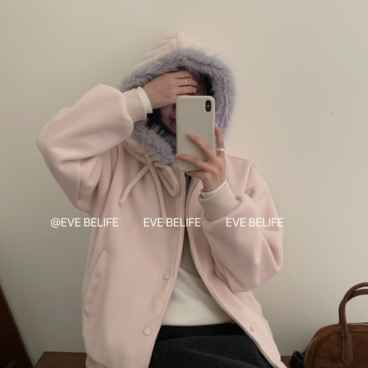 EVEN BETTER-新毛领绑带蝴蝶结宽松连帽毛呢保暖棉服外套XS7482款