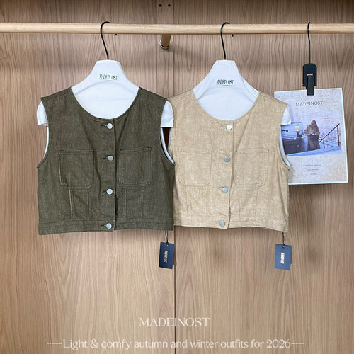 MADEINOST大摹-老钱风圆领双口袋复古水洗短马甲(含100棉料)95023