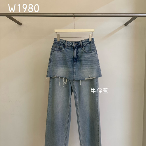 ANYMORE-秋上新韩系高智感水洗拼接假两件毛边牛仔裤W1980