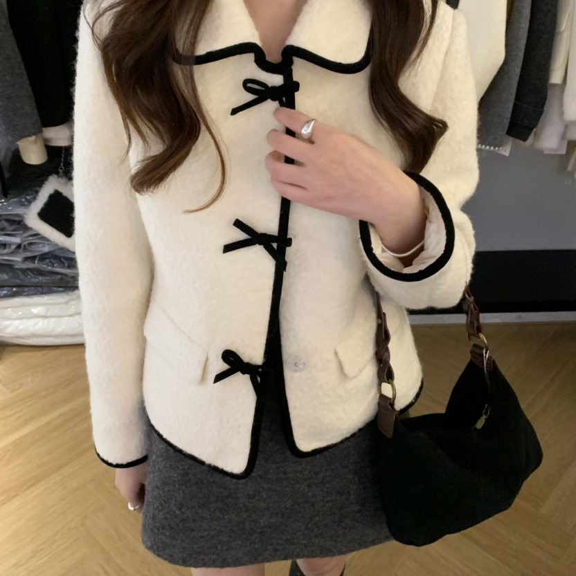 买手严选-泡菜馆-香风撞色线迹系带短款毛呢保暖羽绒服外套35035