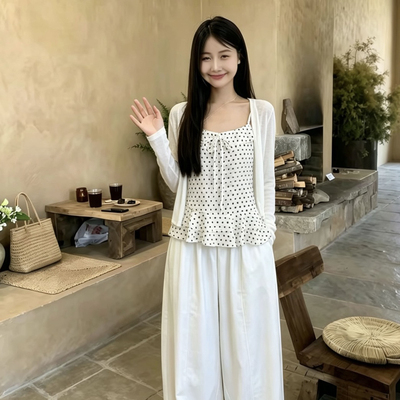 花嘉-韩系波点吊带开衫套装针织开衫+背心套装7628