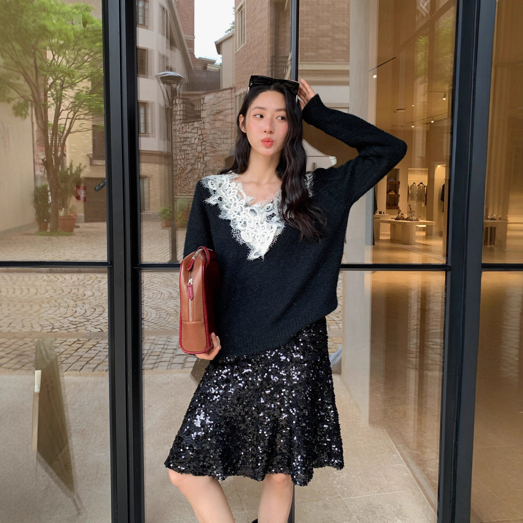 NEW OPEN25秋名媛亮片中裙包臀显瘦气质高腰半身裙Q25F6659