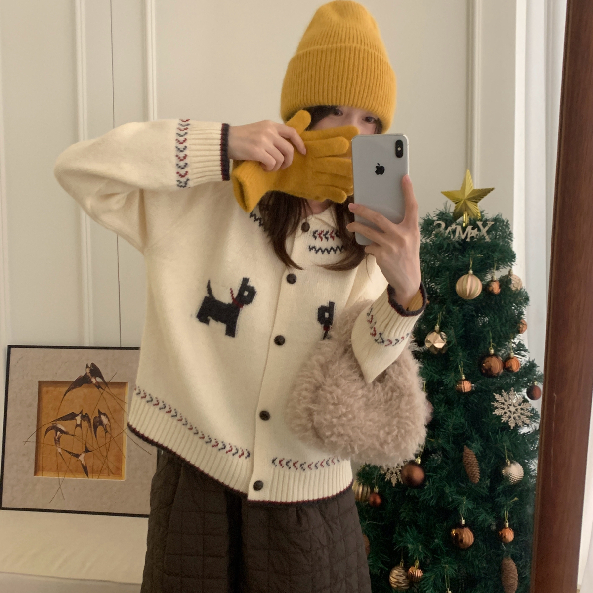 UYAR-式复古小狗刺绣圆领宽松长袖保暖毛衣（含29.3绵羊毛）1211-