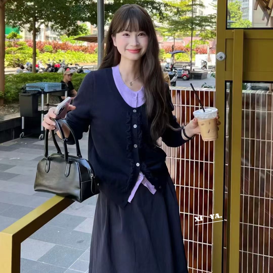 玺尚-上新2025新款假两件拼色长袖针织女开衫韩系+半身裙套装933
