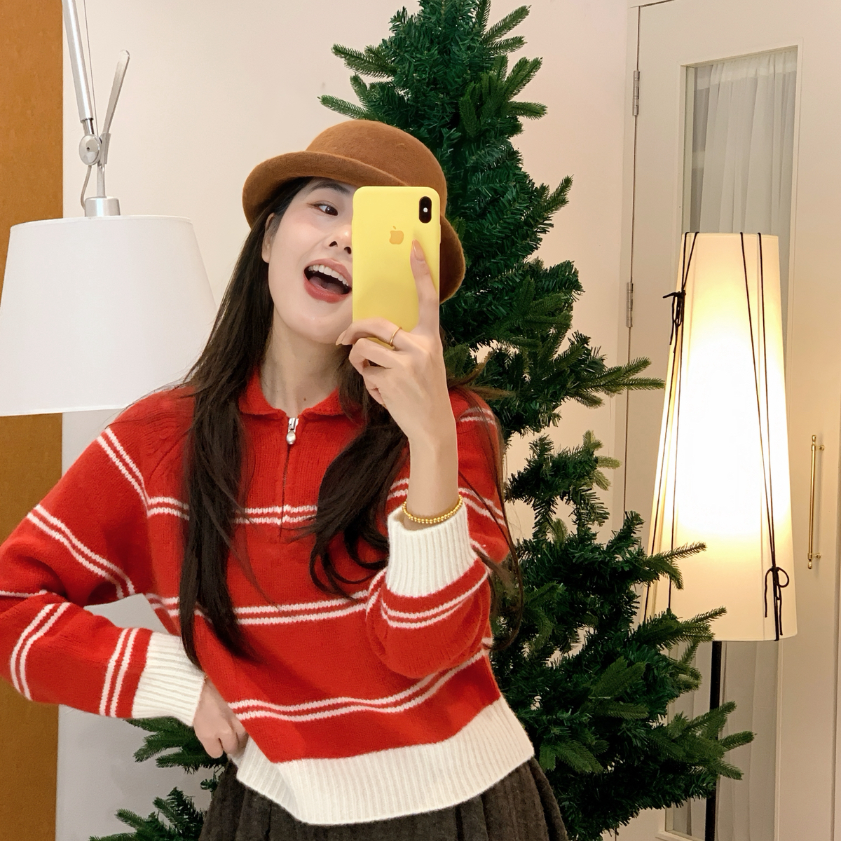 oom-学院风翻领半拉链设计条纹羊毛保暖毛衣（含100绵羊毛）K1734