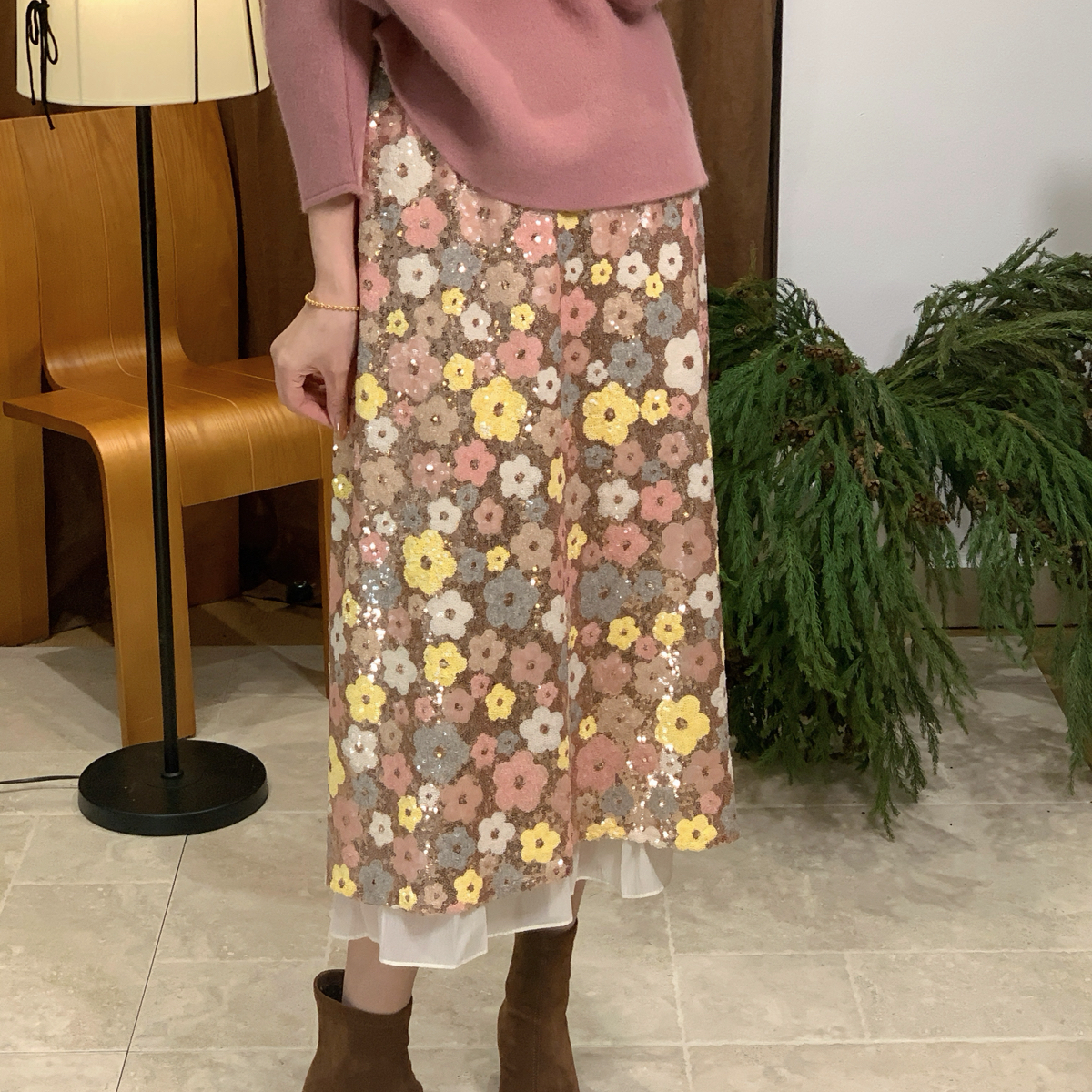 Vaoom-定制花亮片粉色珊瑚海松紧腰半身裙V296