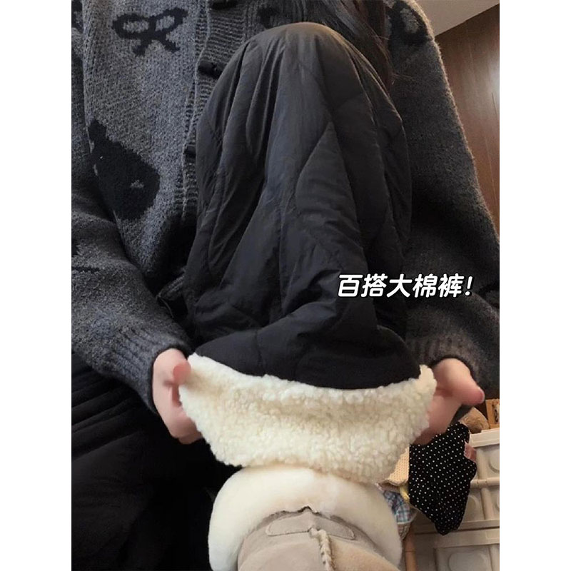 加绒加厚保暖棉裤女2025外穿秋冬新款休闲黑色松紧腰直筒阔腿裤子