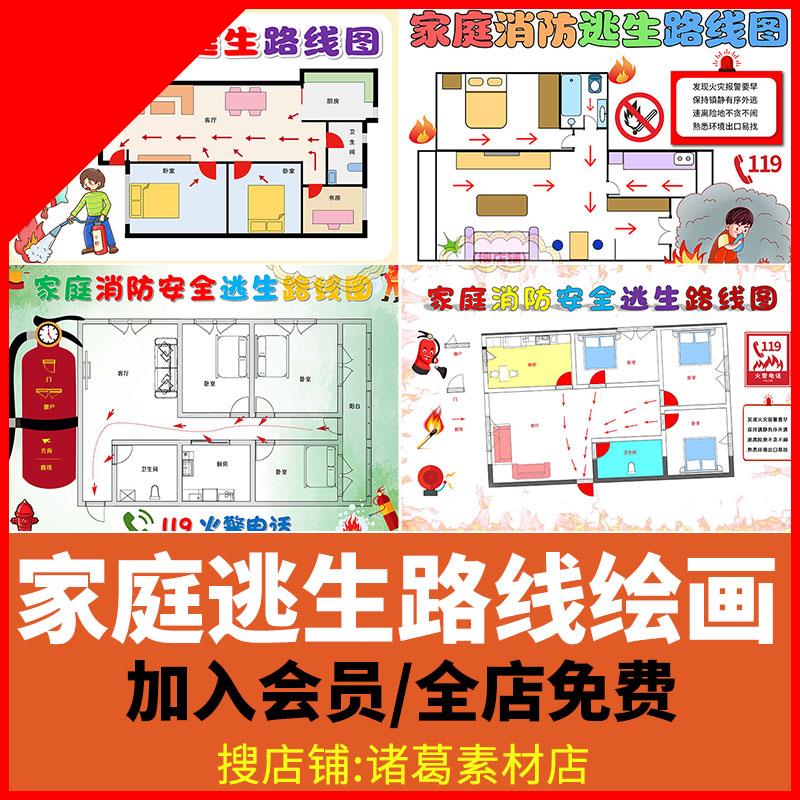 可打印家庭消防疏散逃生路线示意图绘画手抄报消防火灾安全知识线