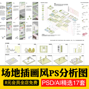 景观分析图psd前期插画风矢量园林建筑素材ps设计小清新效果图