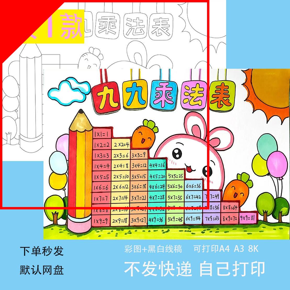 可打印乘法口诀表手抄报小九九小报电子模板小学生数学主题黑白线