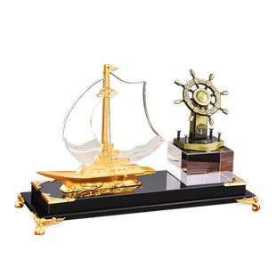 一帆风顺帆船摆件高档老板办公室桌面装饰品乔迁创意水晶笔筒礼品