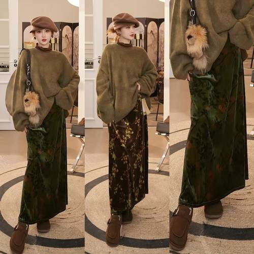 【12月6日13点开卖】印花丝绒季国风复古碎花A字半裙 BQ2699