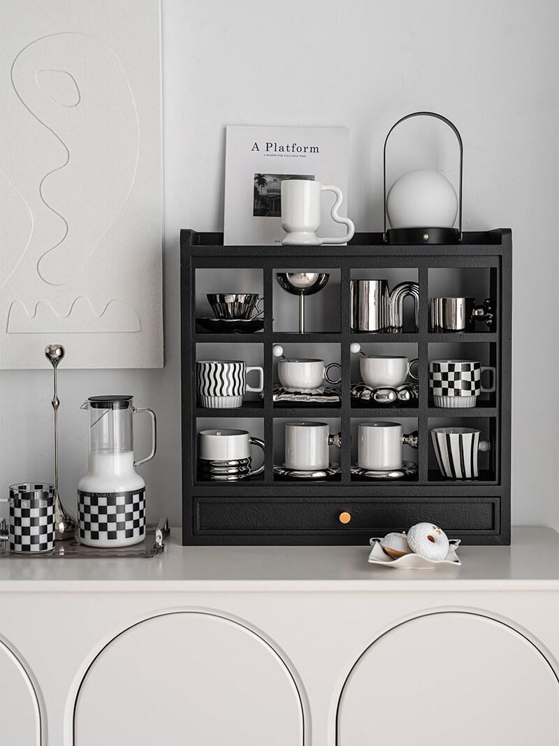 찻잔 수납장 선반 진열장 원목 정리함 장식 레트로 투명 정리 티세트 다이 캐비닛 E6, image size:800x1067