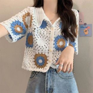 衫 上衣开衫 t恤正肩小众冰丝针织薄款 p女腰镂空短款 卡 olo夏季 短袖