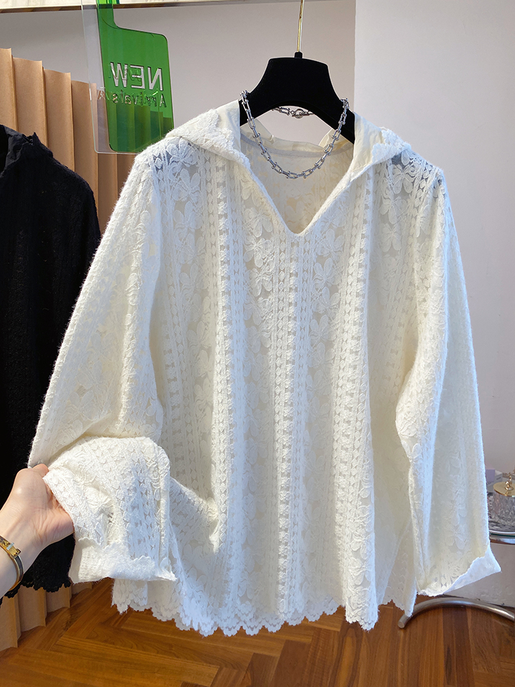 超大号150kg今年流行的美丽蕾丝连帽长袖t恤秋冬女式内搭衬衫上衣