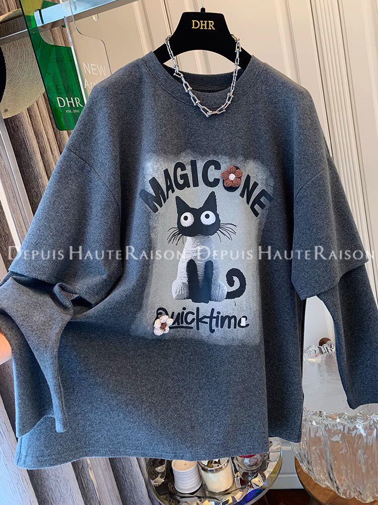 特大号150kg德荣加厚假两件套长袖女式t恤2024秋冬新款内搭衬衫上