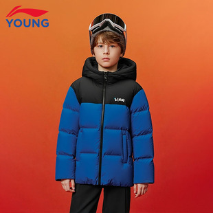 李宁儿童羽绒服短款男大童新款保暖舒适简约拼色鸭绒运动休闲外套