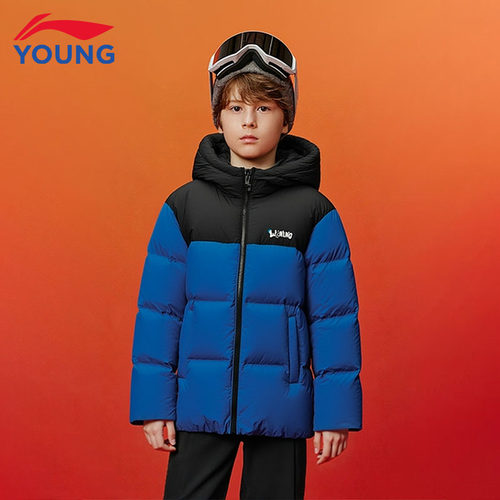 李宁儿童羽绒服短款男大童新款保暖舒适简约拼色鸭绒运动休闲外套